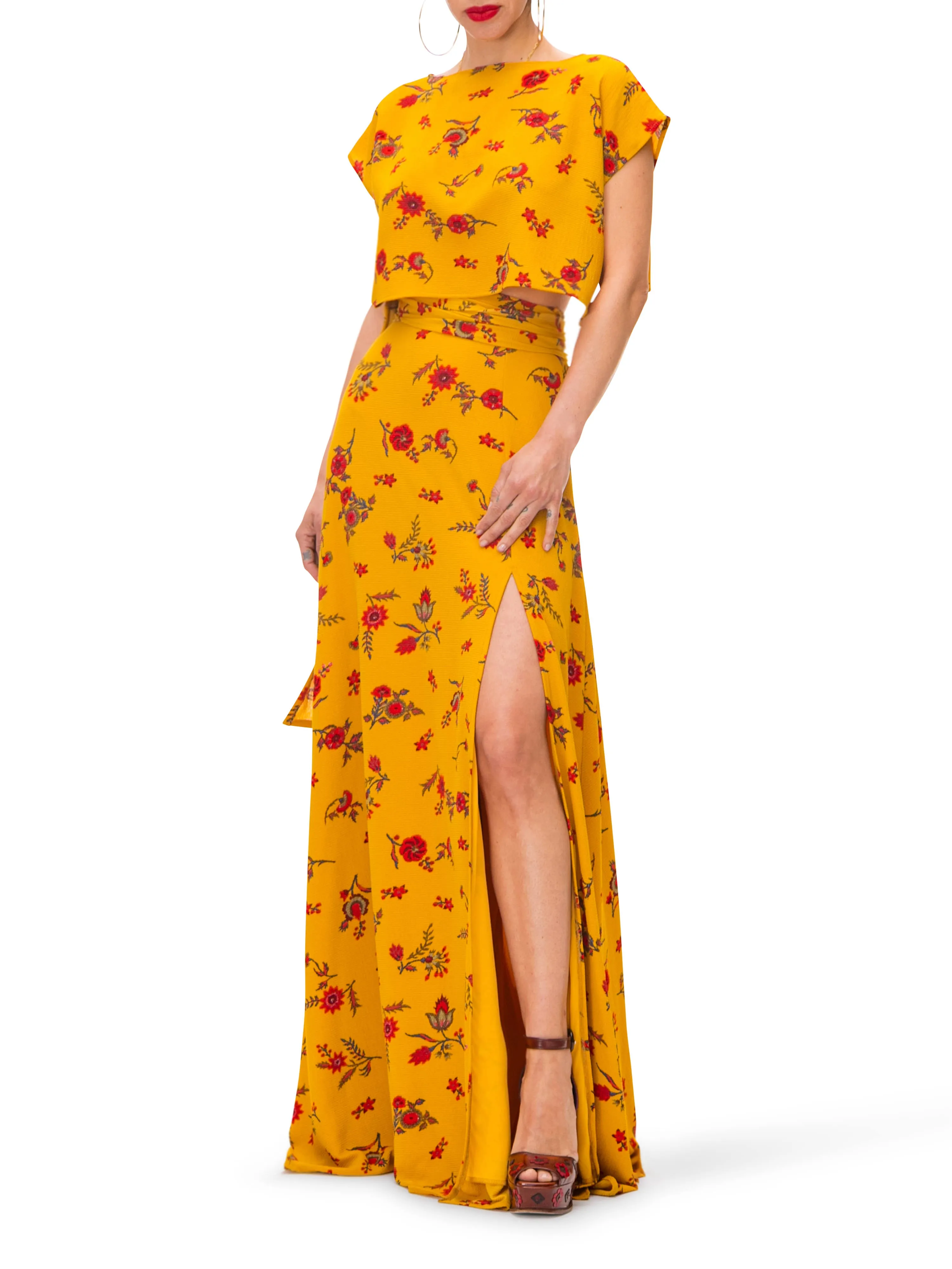 "Marigold" Floral Maxi Skirt w/ Front Slit