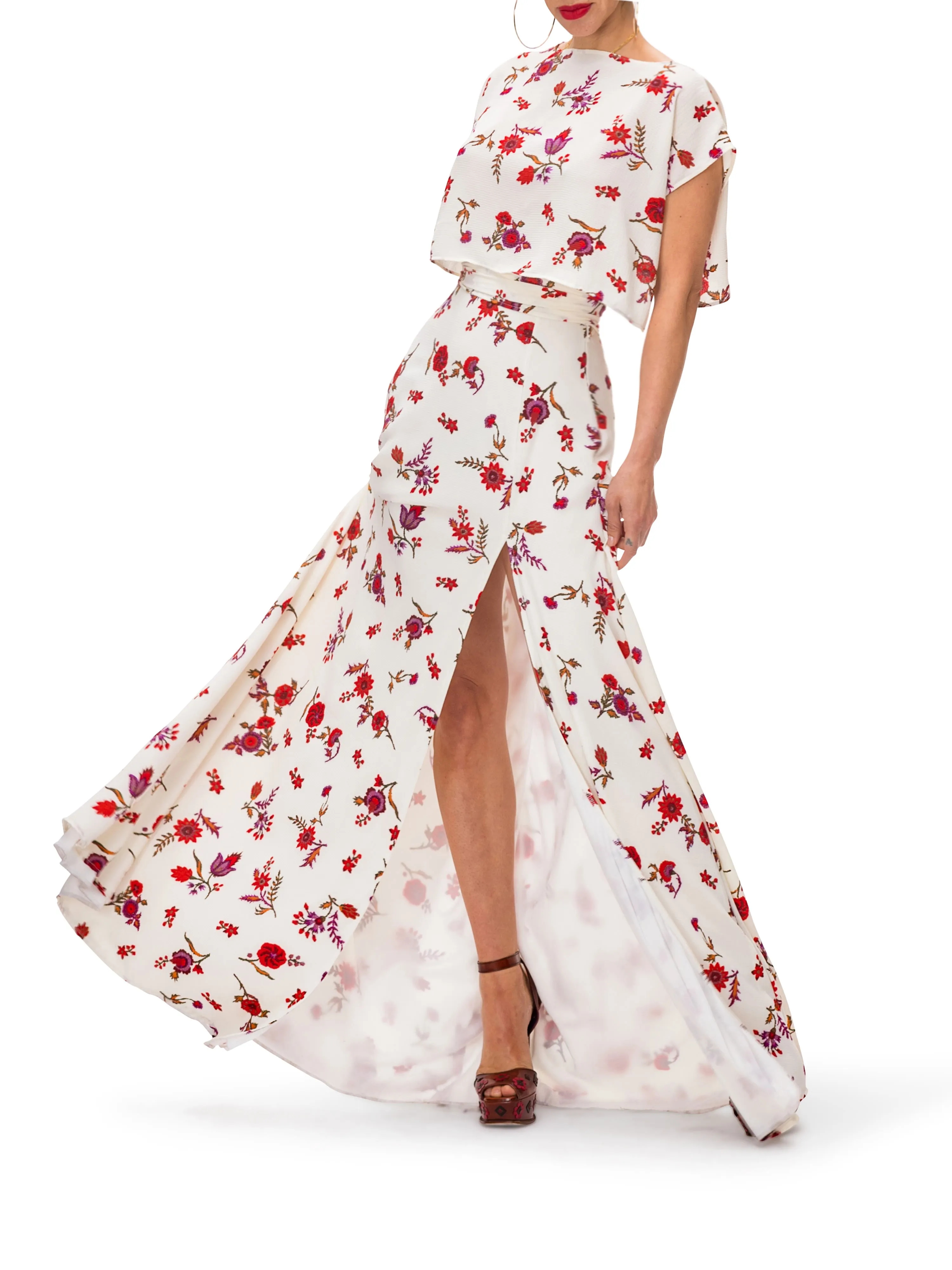 "Rose" Floral Maxi Skirt w/Front Slit