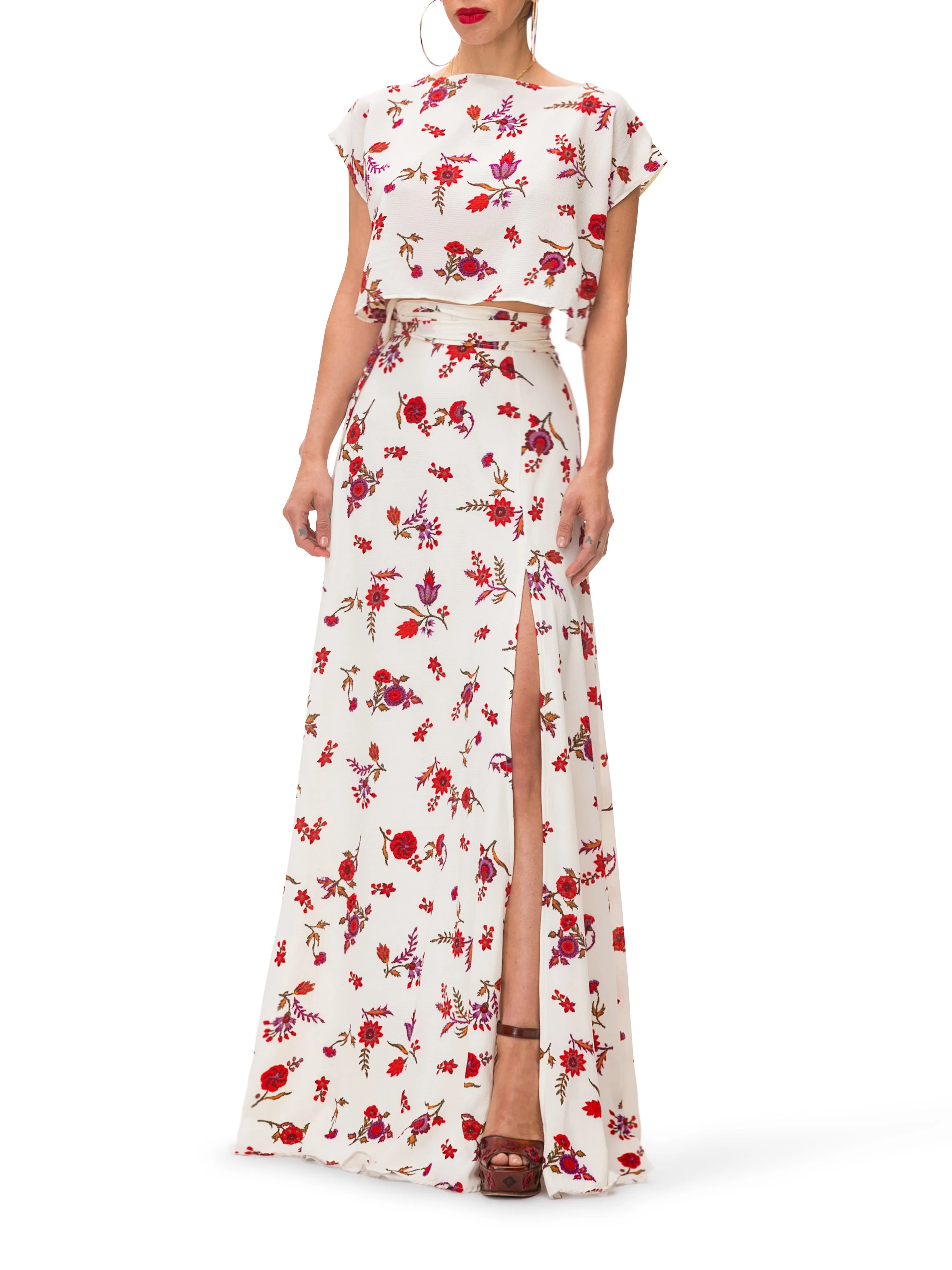 "Rose" Floral Maxi Skirt w/Front Slit