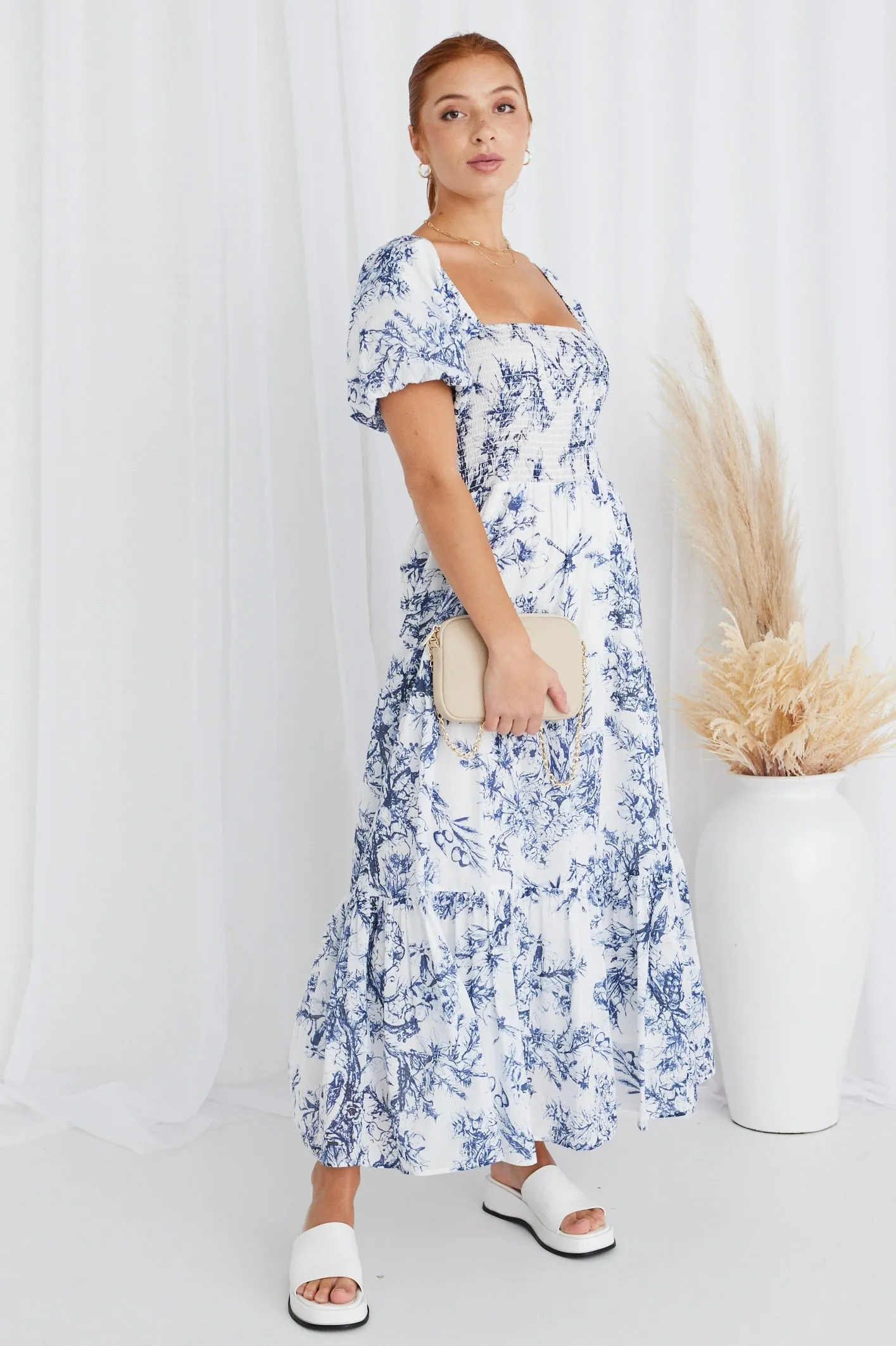 Raven Blue Porcelain Print Puff Sleeve Tiered Maxi Dress