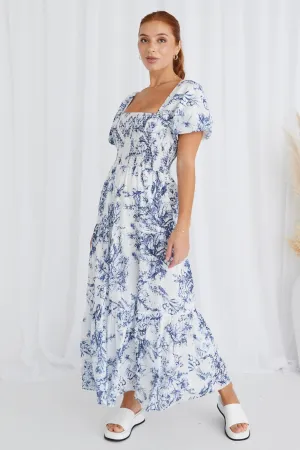 Raven Blue Porcelain Print Puff Sleeve Tiered Maxi Dress