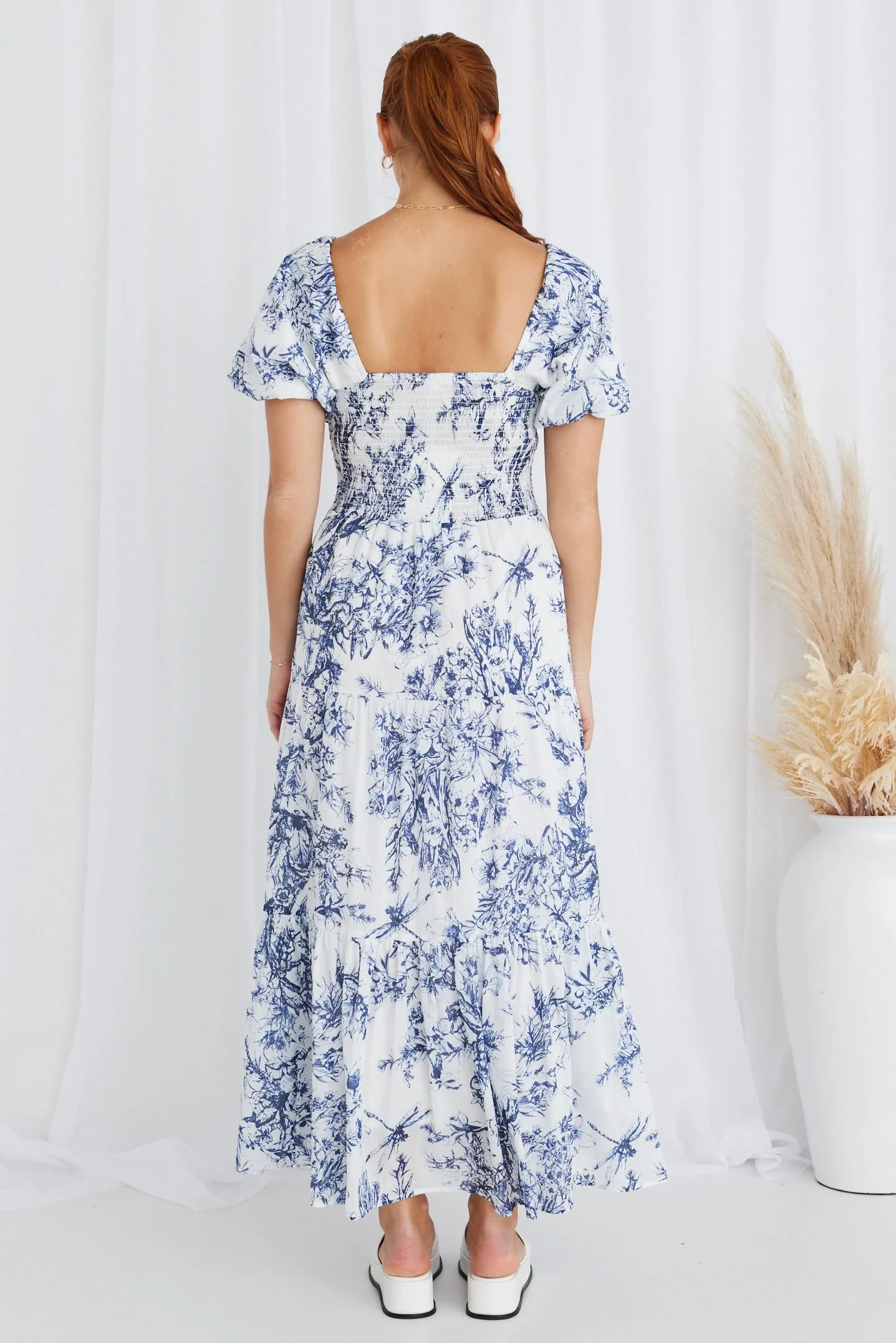 Raven Blue Porcelain Print Puff Sleeve Tiered Maxi Dress