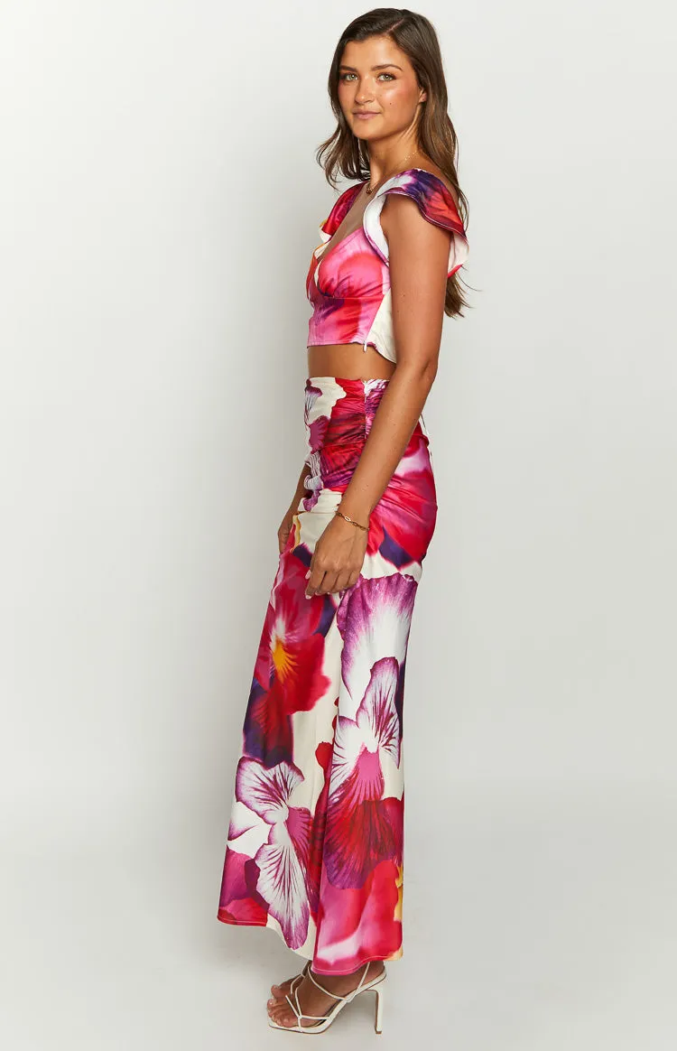 Romantic Rose Pink Floral Print Maxi Skirt