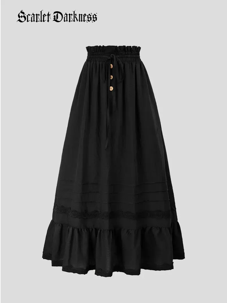 Ruffled Hem Maxi Skirt Elastic Drawstring Waist Skirt