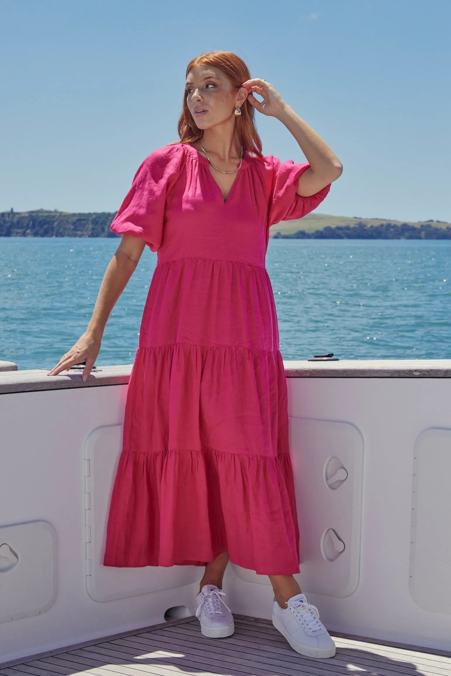 Santorini Raspberry Linen Puff Ss V-Neck Tiered Maxi Dress