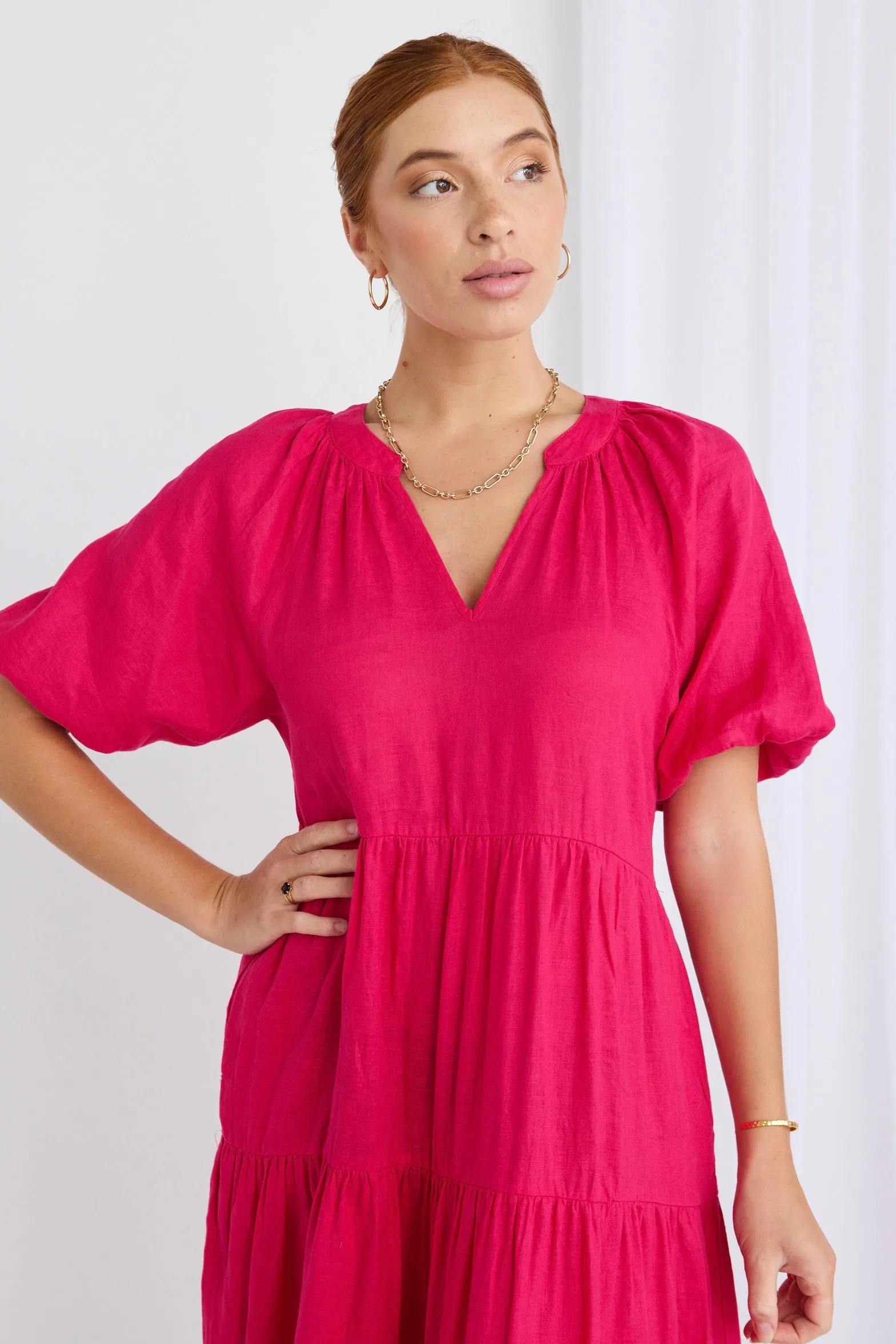 Santorini Raspberry Linen Puff Ss V-Neck Tiered Maxi Dress