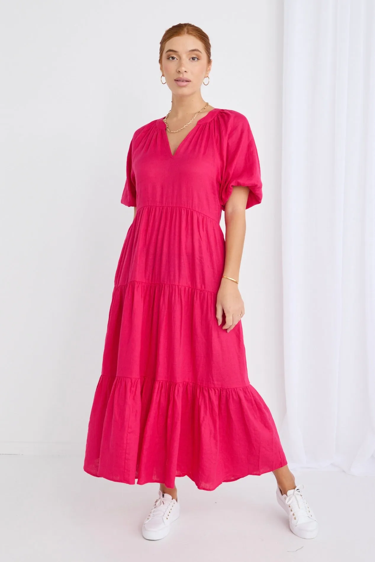 Santorini Raspberry Linen Puff Ss V-Neck Tiered Maxi Dress