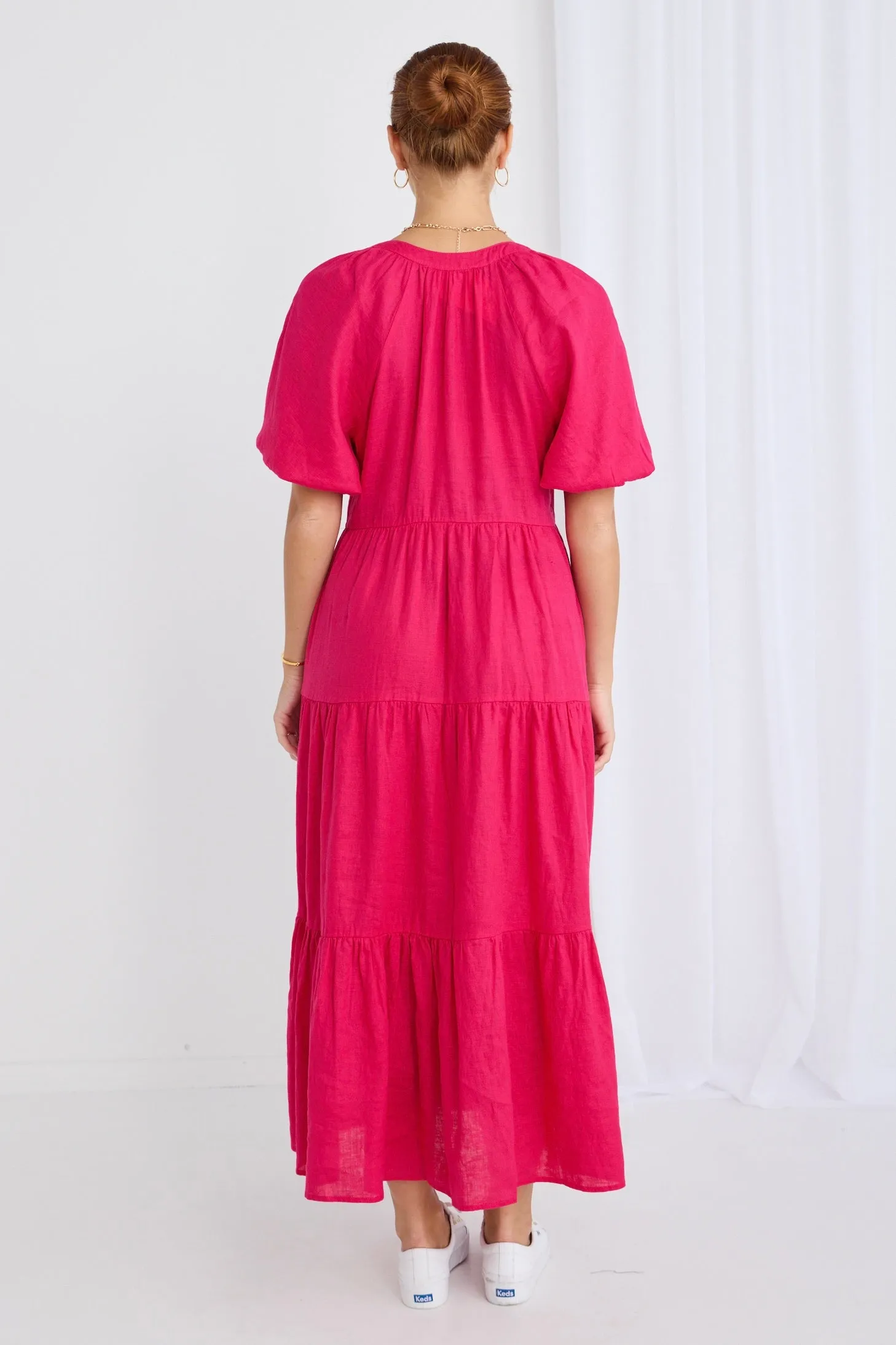 Santorini Raspberry Linen Puff Ss V-Neck Tiered Maxi Dress