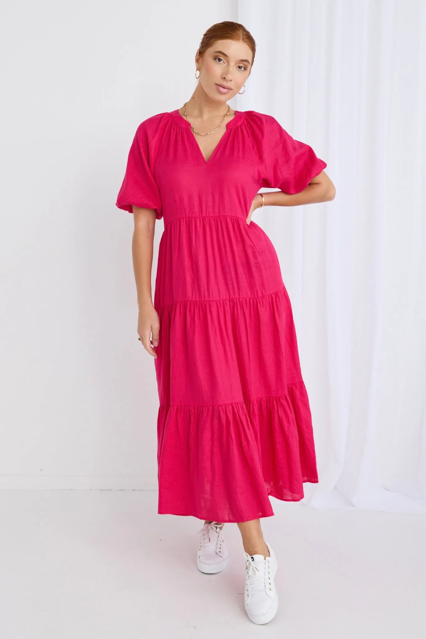 Santorini Raspberry Linen Puff Ss V-Neck Tiered Maxi Dress