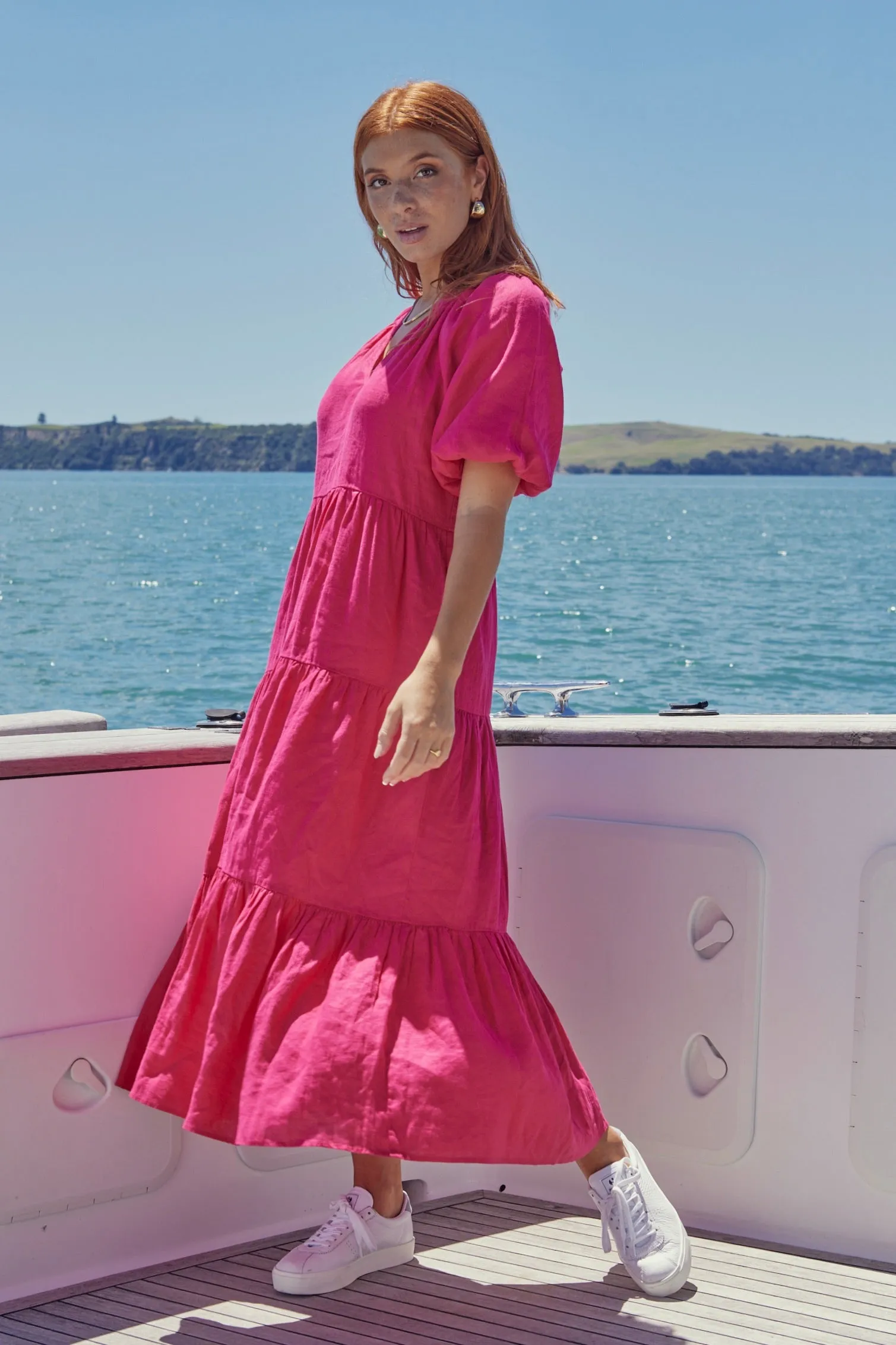 Santorini Raspberry Linen Puff Ss V-Neck Tiered Maxi Dress