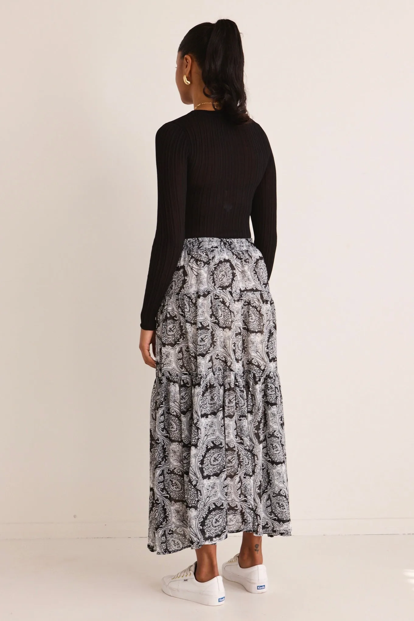 Sensational Black Paisley Tiered Drawstring Maxi Skirt