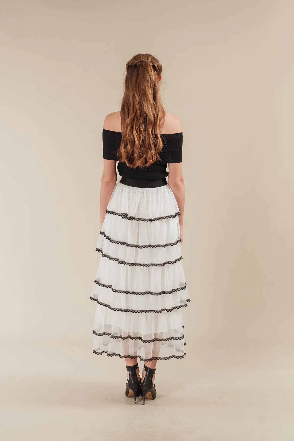 Seritta Ribbed Off Shoulder Top with Tiered Tulle Maxi Skirt Set