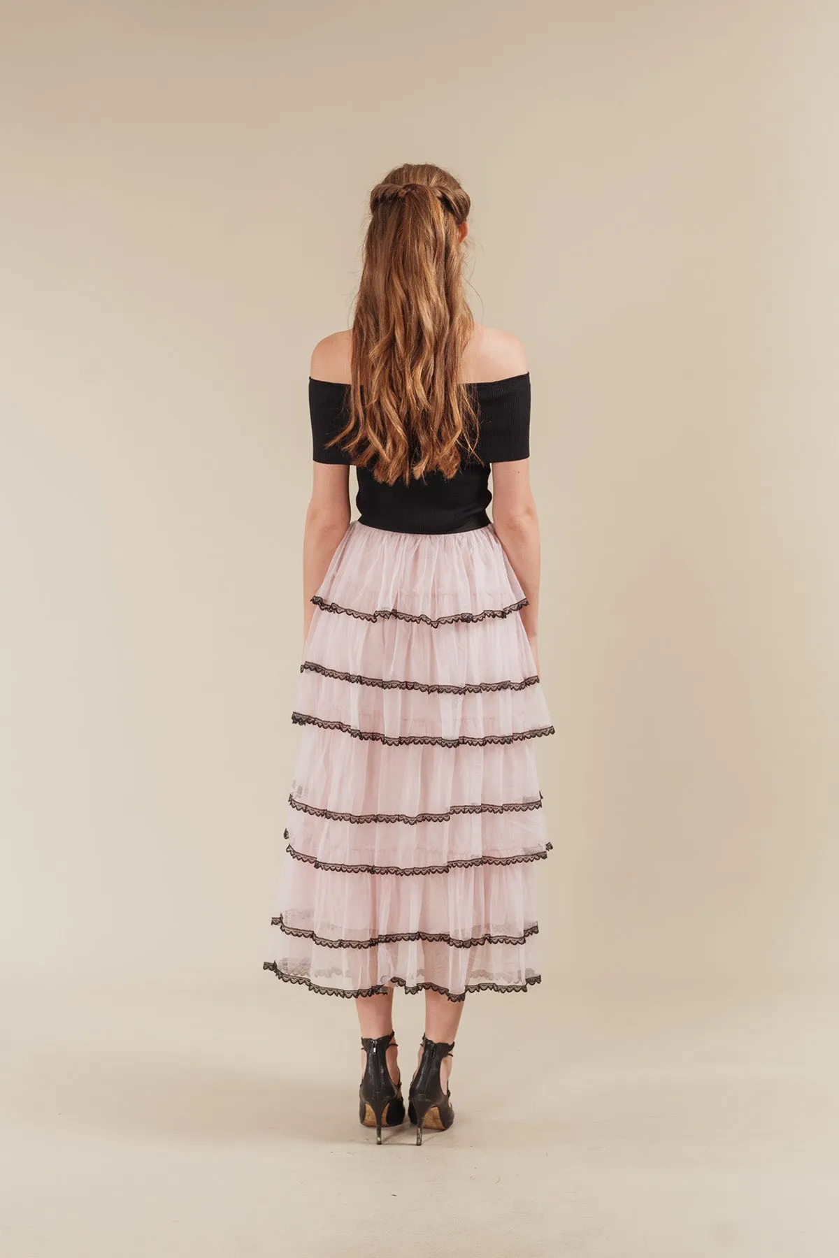 Seritta Ribbed Off Shoulder Top with Tiered Tulle Maxi Skirt Set