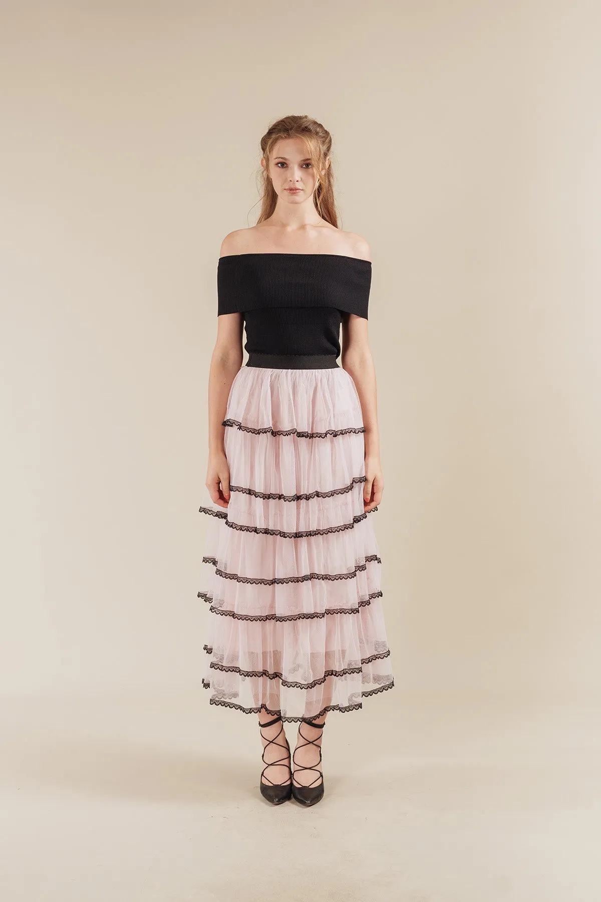 Seritta Ribbed Off Shoulder Top with Tiered Tulle Maxi Skirt Set