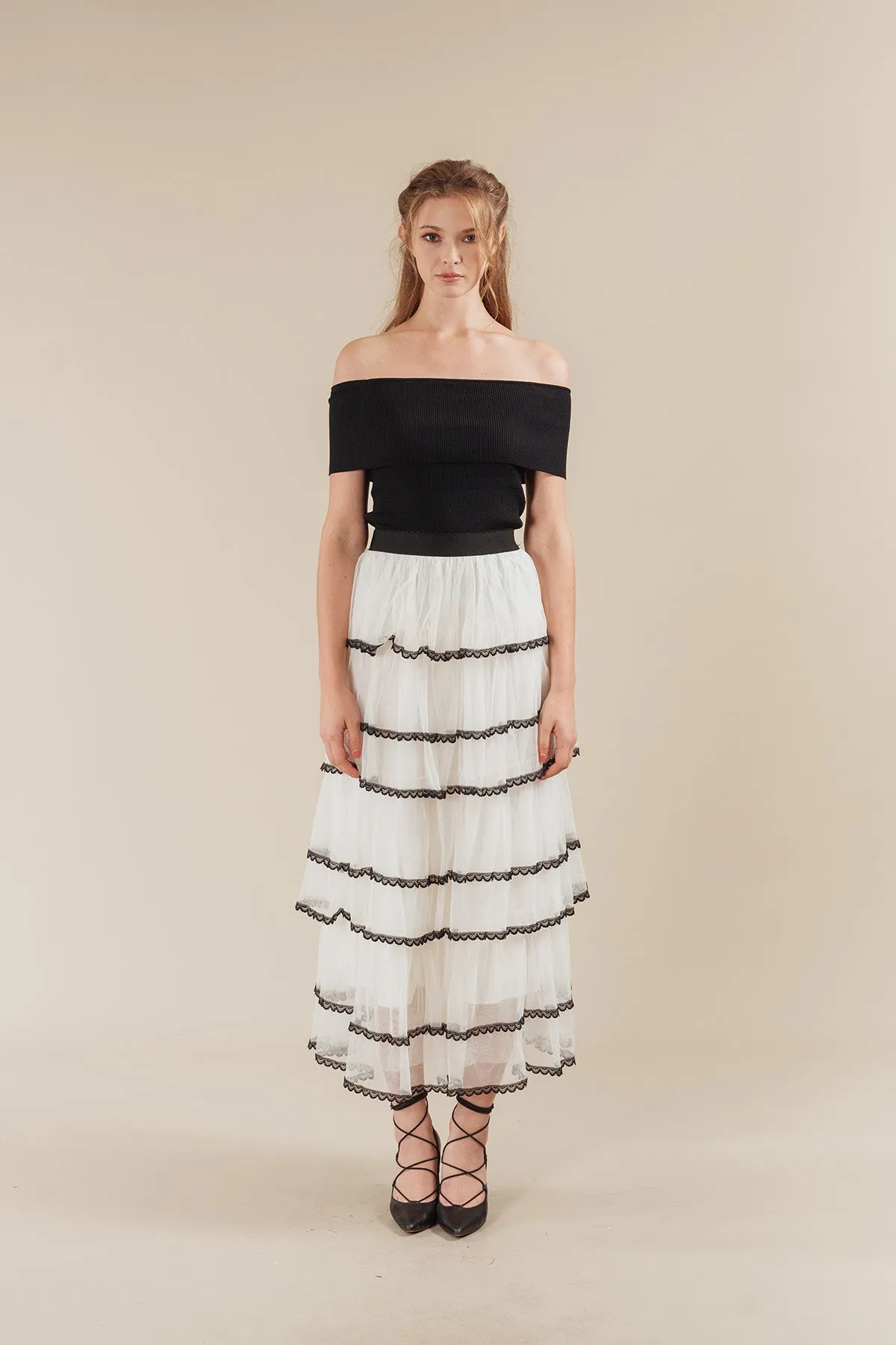 Seritta Ribbed Off Shoulder Top with Tiered Tulle Maxi Skirt Set