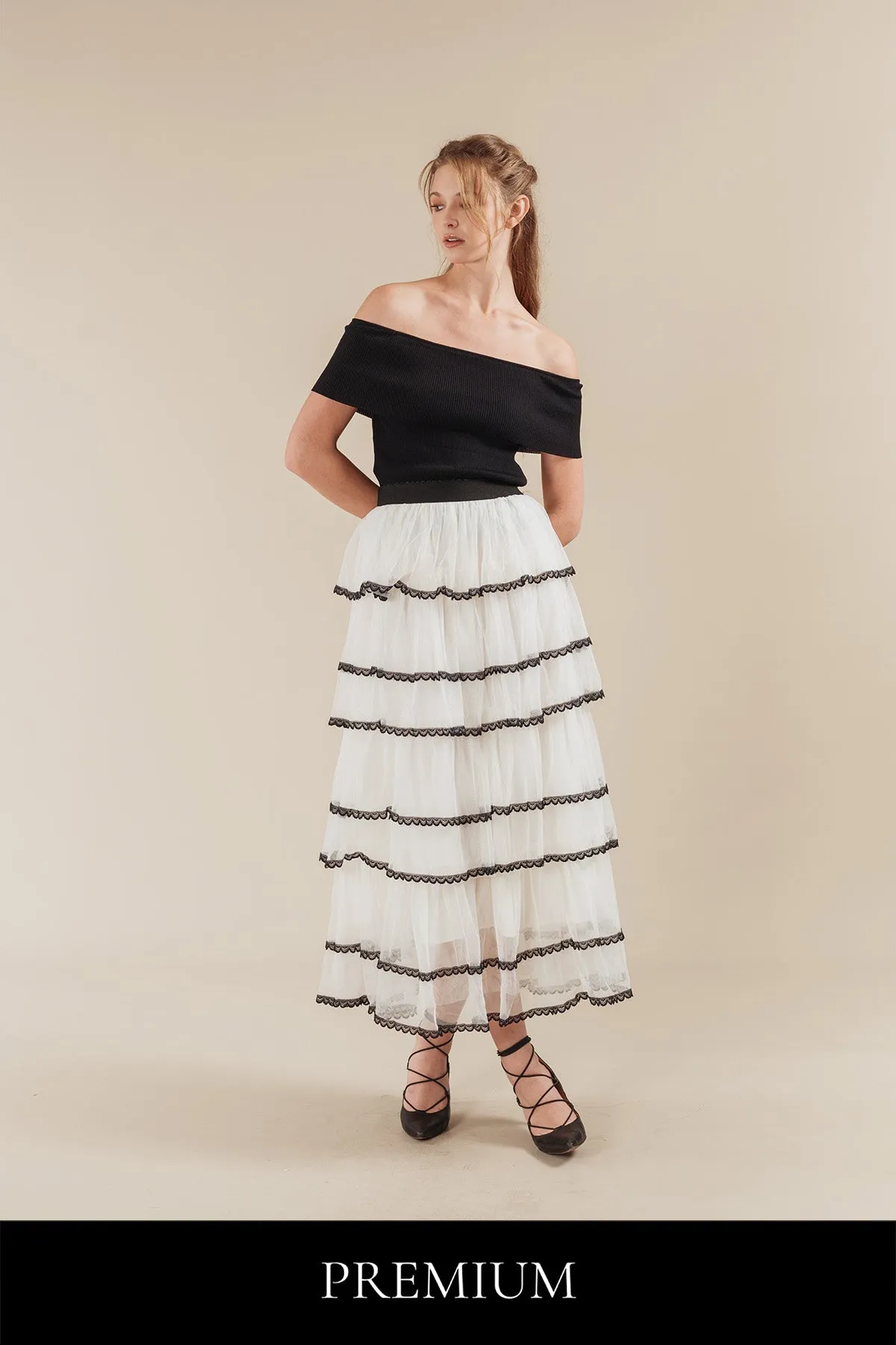 Seritta Ribbed Off Shoulder Top with Tiered Tulle Maxi Skirt Set