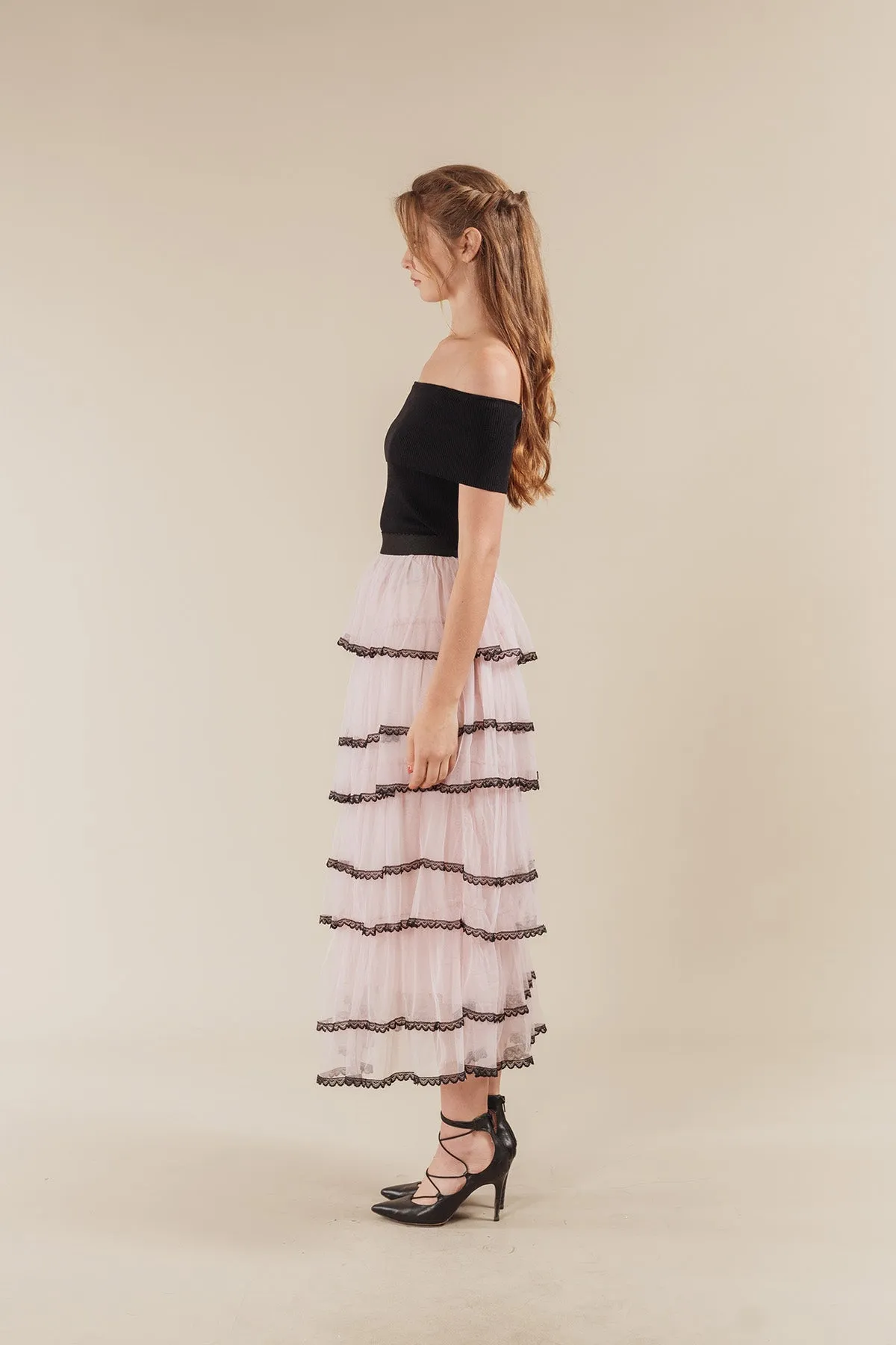 Seritta Ribbed Off Shoulder Top with Tiered Tulle Maxi Skirt Set