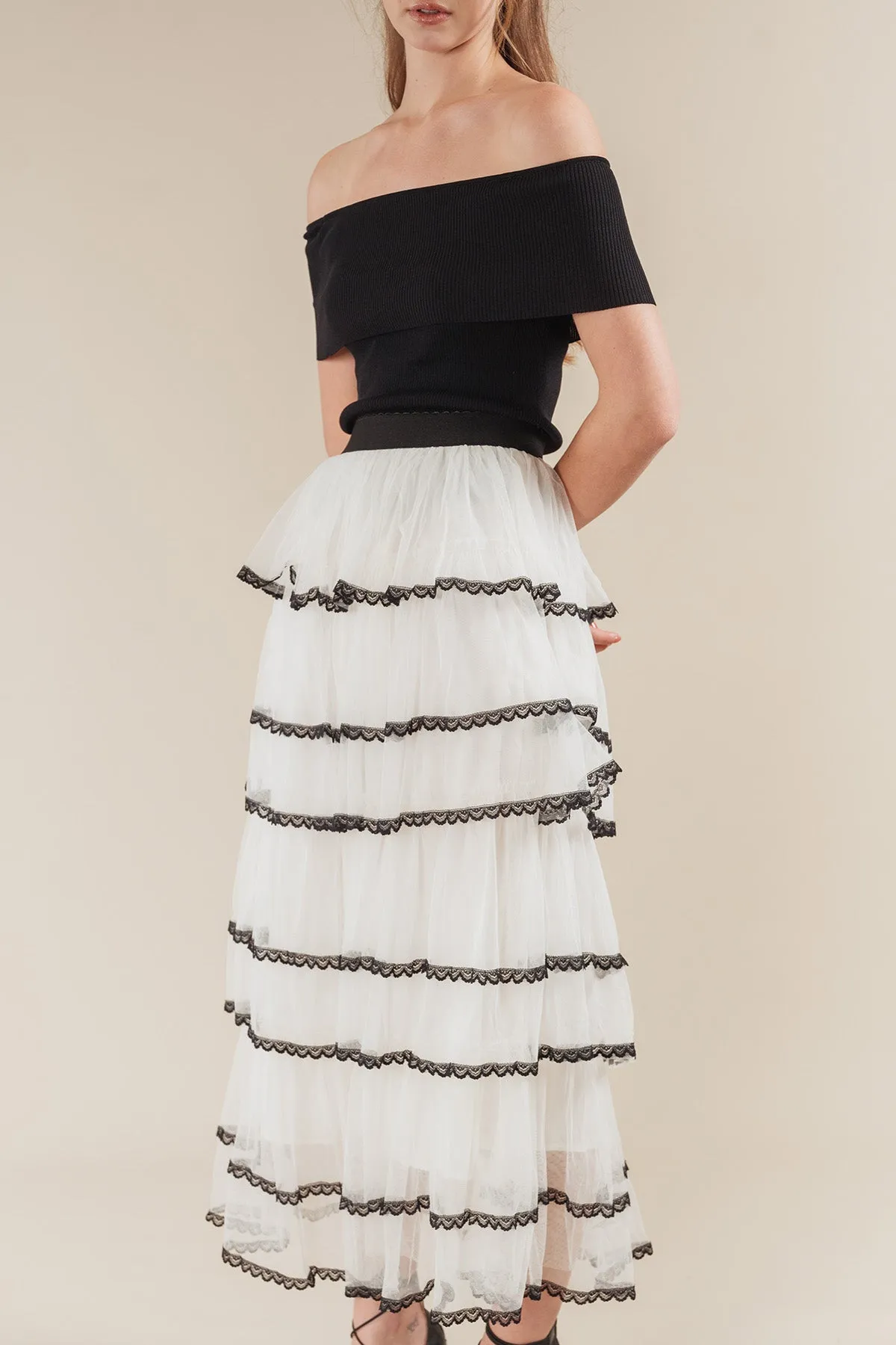 Seritta Ribbed Off Shoulder Top with Tiered Tulle Maxi Skirt Set