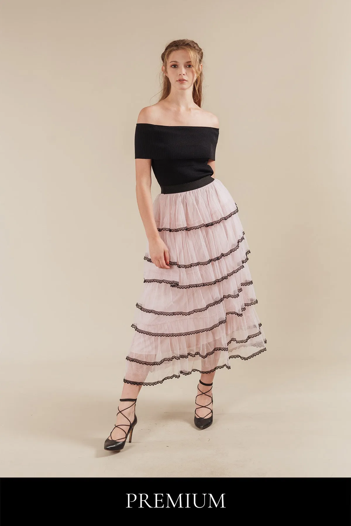 Seritta Ribbed Off Shoulder Top with Tiered Tulle Maxi Skirt Set