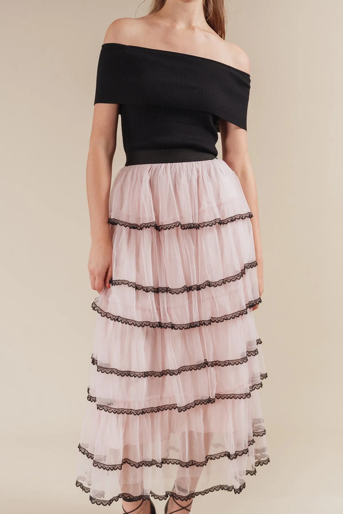 Seritta Ribbed Off Shoulder Top with Tiered Tulle Maxi Skirt Set