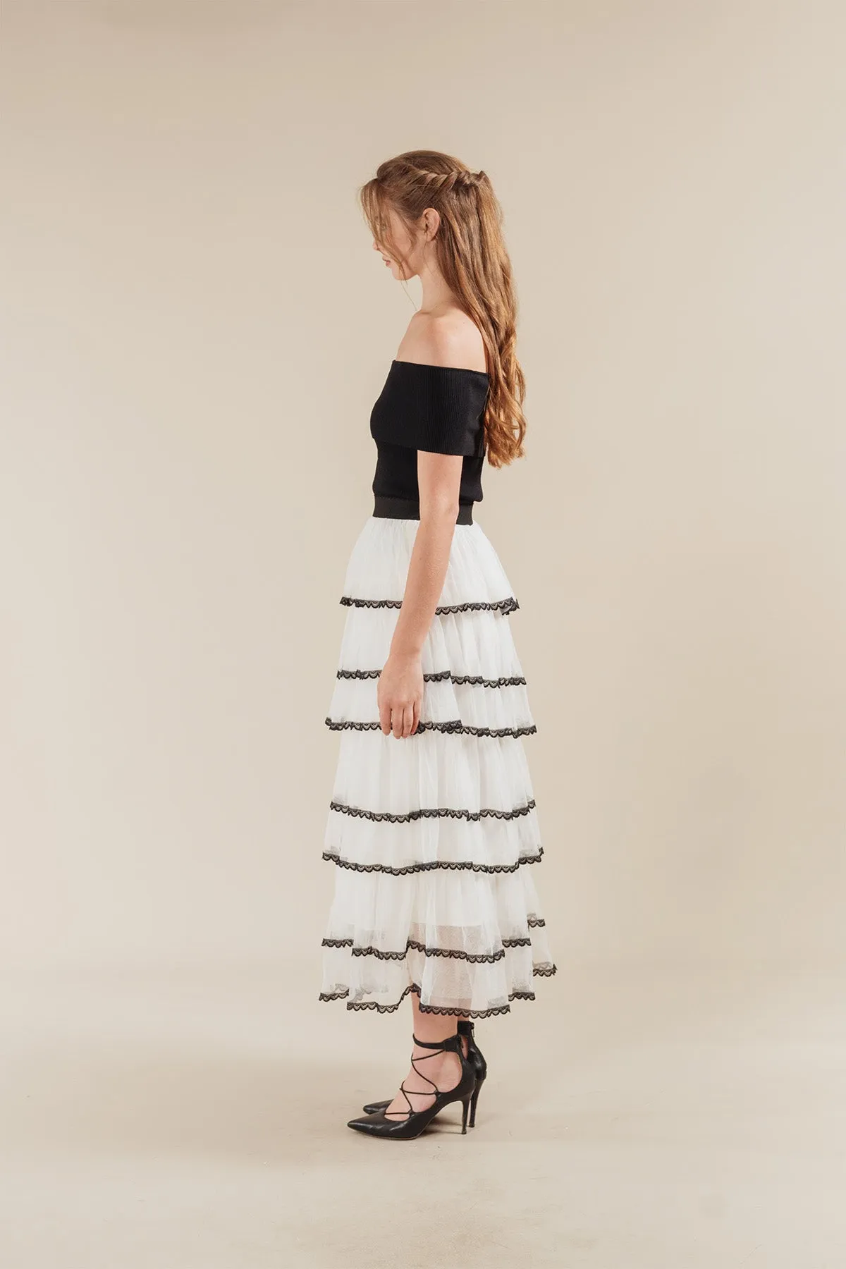 Seritta Ribbed Off Shoulder Top with Tiered Tulle Maxi Skirt Set