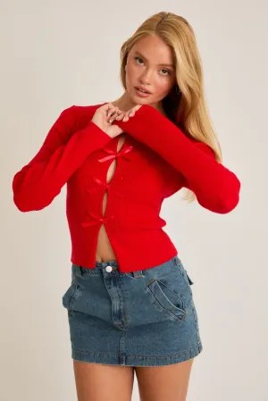 Sheri Long Sleeve Bow Tie Sweater Top Red