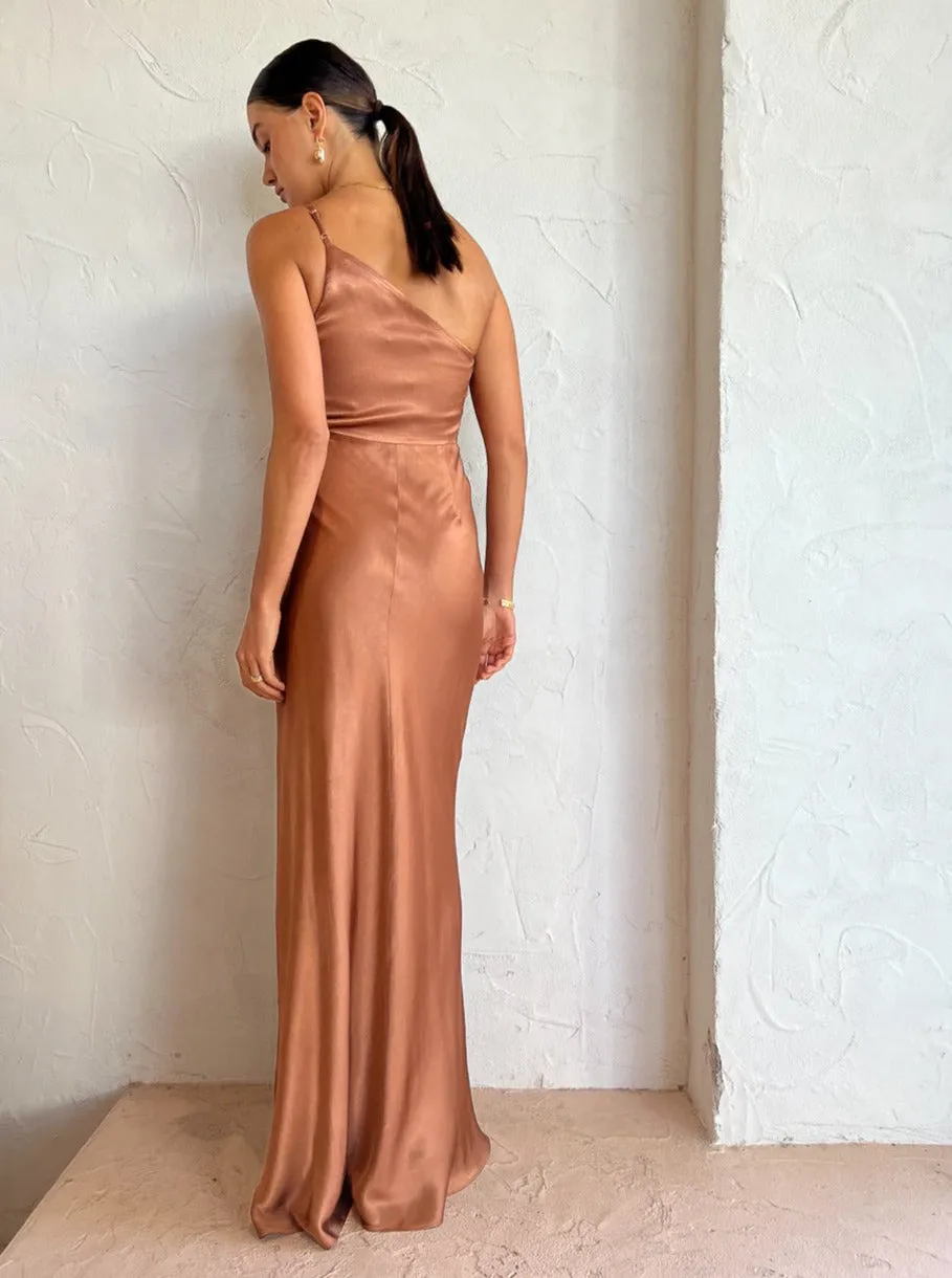 Shona Joy Asymmetrical Gathered Maxi Dress in Almond