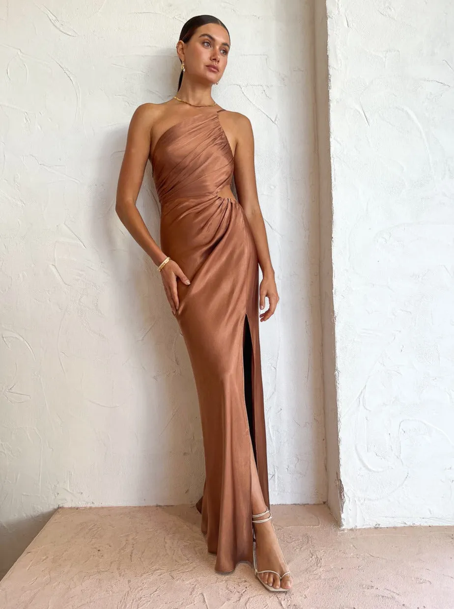 Shona Joy Asymmetrical Gathered Maxi Dress in Almond