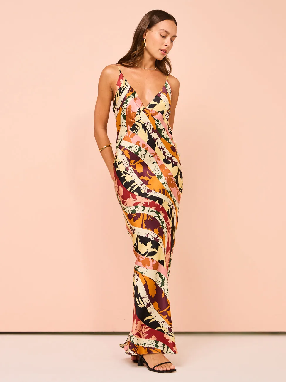 Shona Joy Cielo Silk Plunged Maxi Dress in Tangerine/Multi