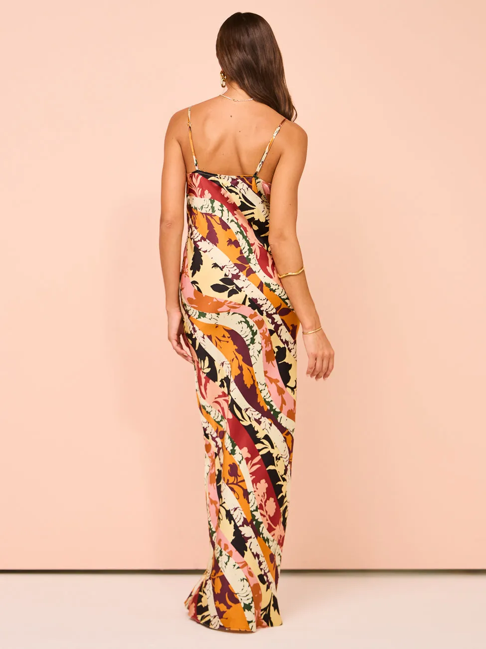 Shona Joy Cielo Silk Plunged Maxi Dress in Tangerine/Multi