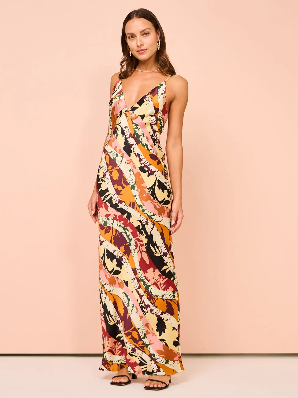 Shona Joy Cielo Silk Plunged Maxi Dress in Tangerine/Multi