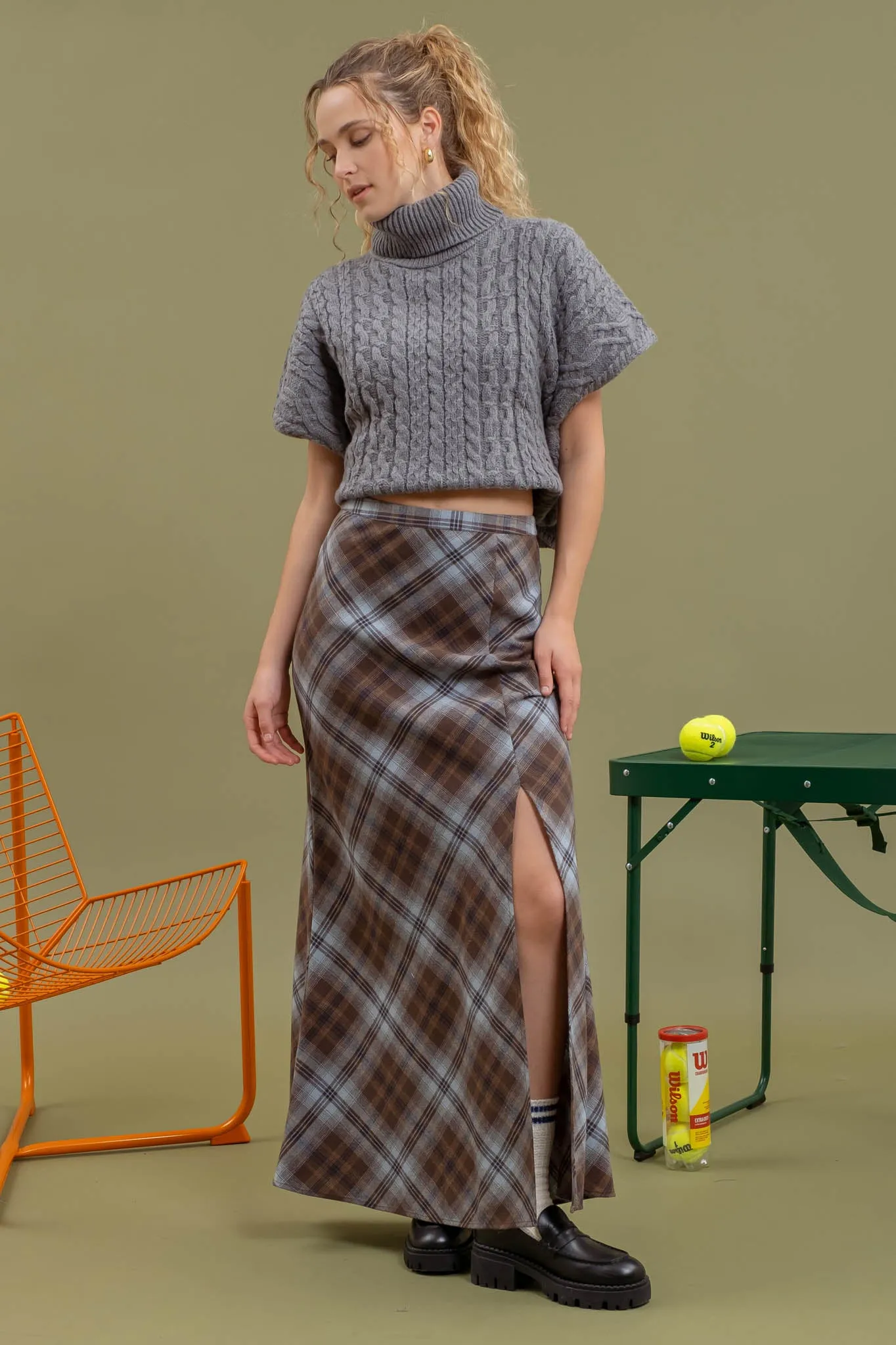 SIDE SLIT TARTAN PLAID MAXI SKIRT