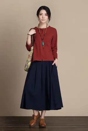 Side waist elastic linen fall skirt j084-18