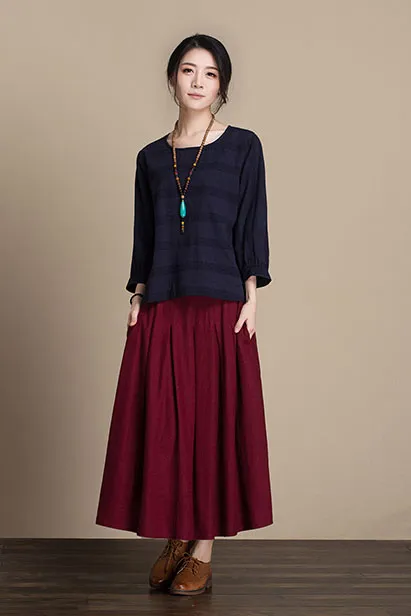 Side waist elastic linen fall skirt j084-18