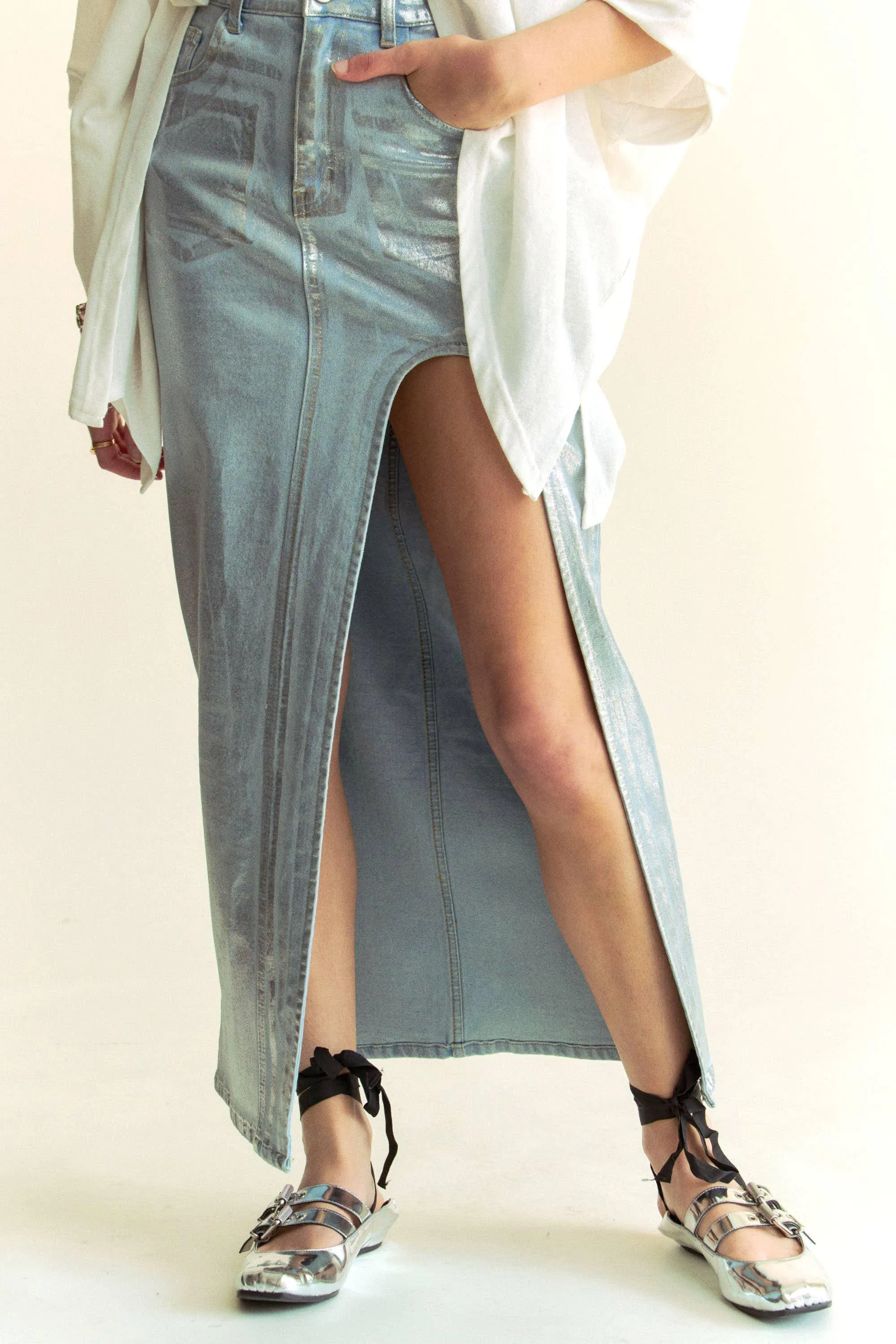 Silver Foiled Maxi Jean Skirt