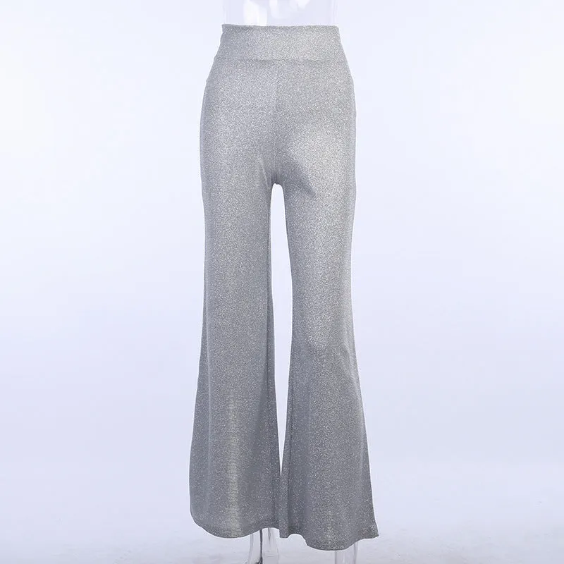 Silver shining wide-leg new loose high waist catwalk dancing party pants women festive trousers bling bling