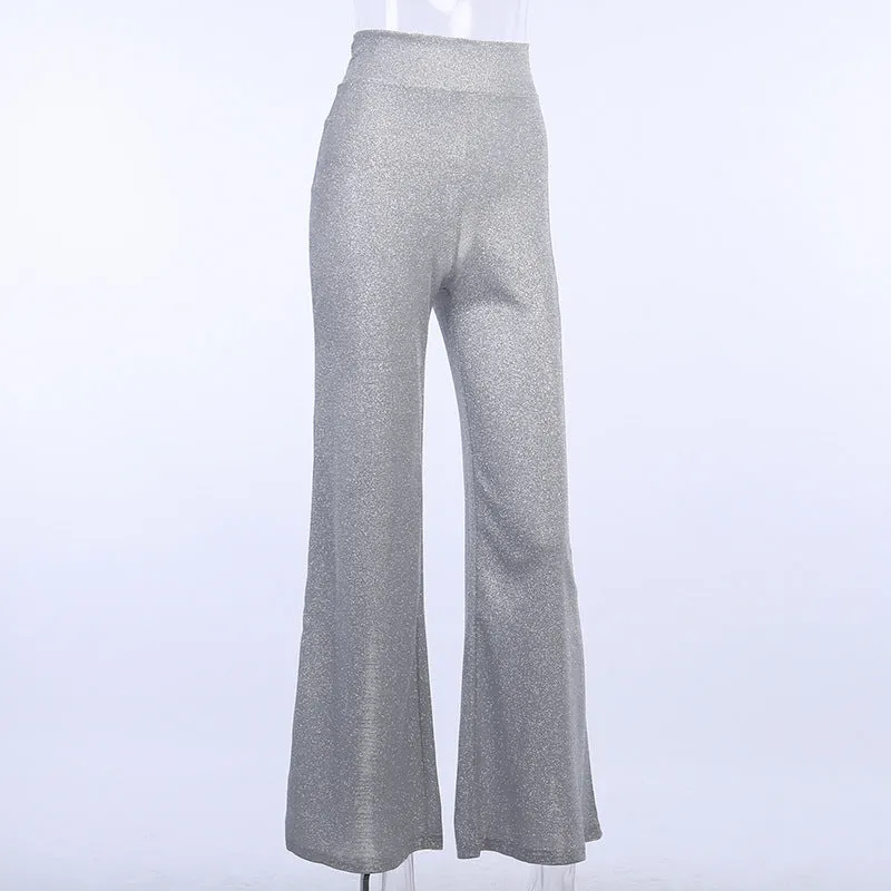 Silver shining wide-leg new loose high waist catwalk dancing party pants women festive trousers bling bling