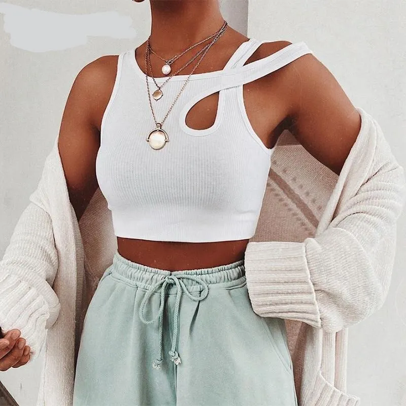 Sleeveless Summer White Tank Top Bandage Hollow Out Ribbed Crop Tops Tees Fashion Fitness Mini Vest Top