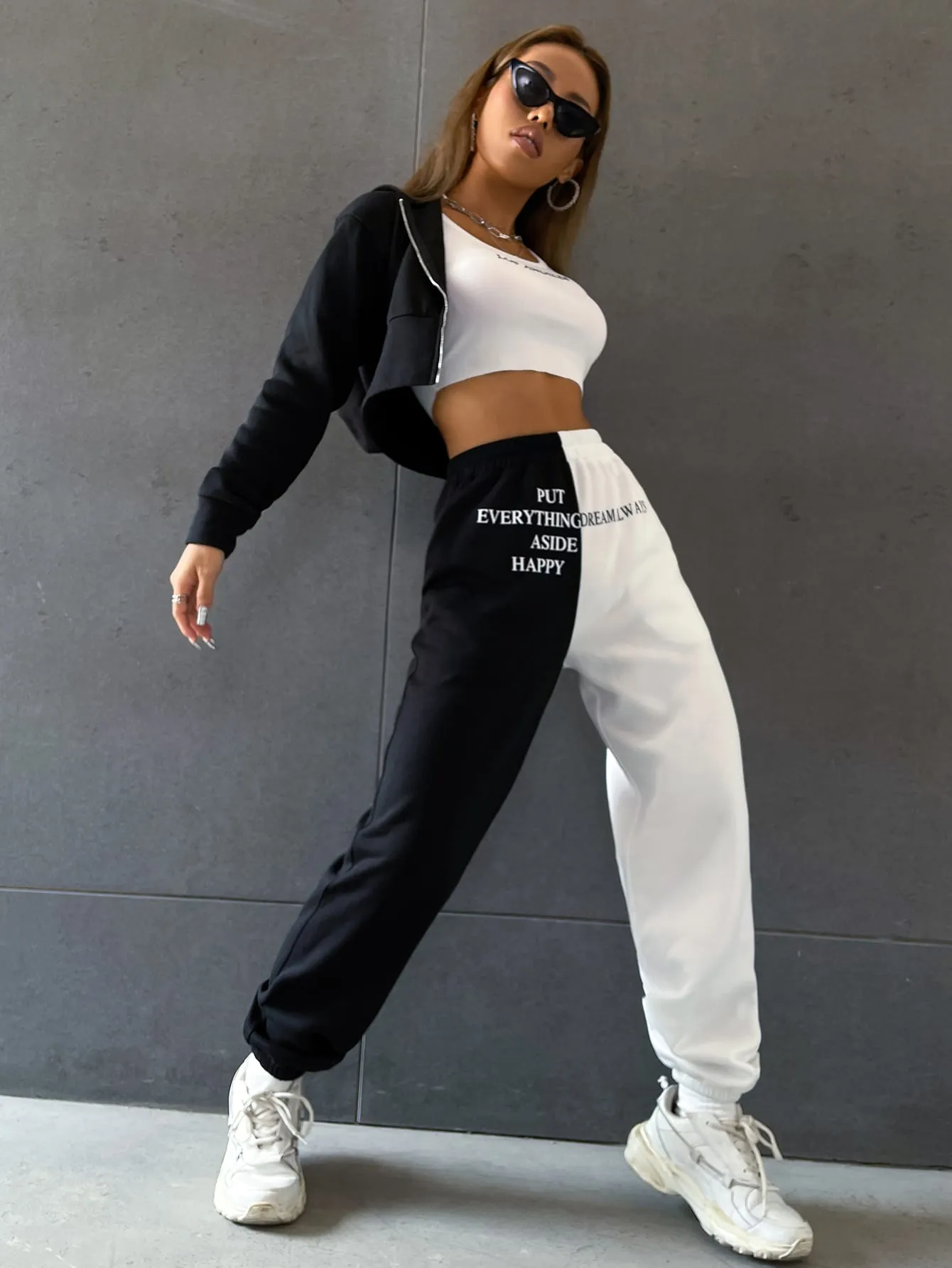 Slogan Pocket High Waist Cropped Women Sweatpants