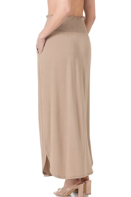 Smocked Waist Side Slit Maxi Skirt with Pockets