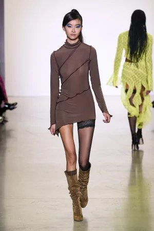 Stretch Brown Open Seam Long Sleeve Dress