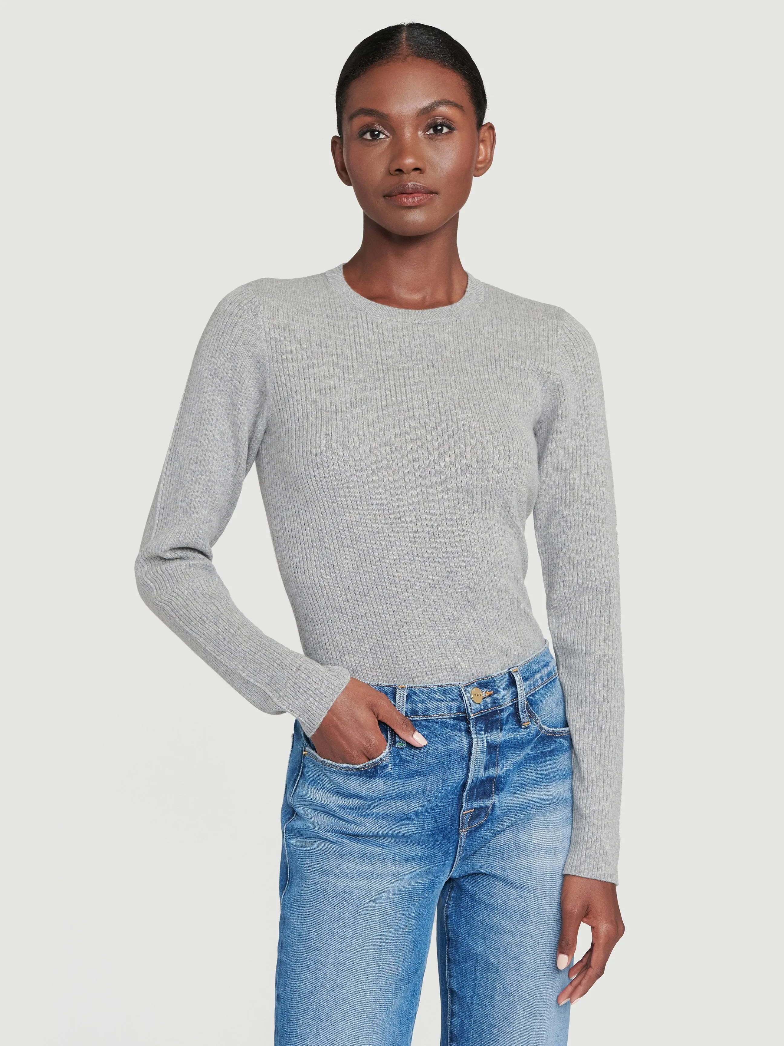 Sustainable Cashmere Fine Ribbed Crew -- Gris Heather