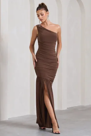 The Limelight | Chocolate One Shoulder Ruched Maxi Dress