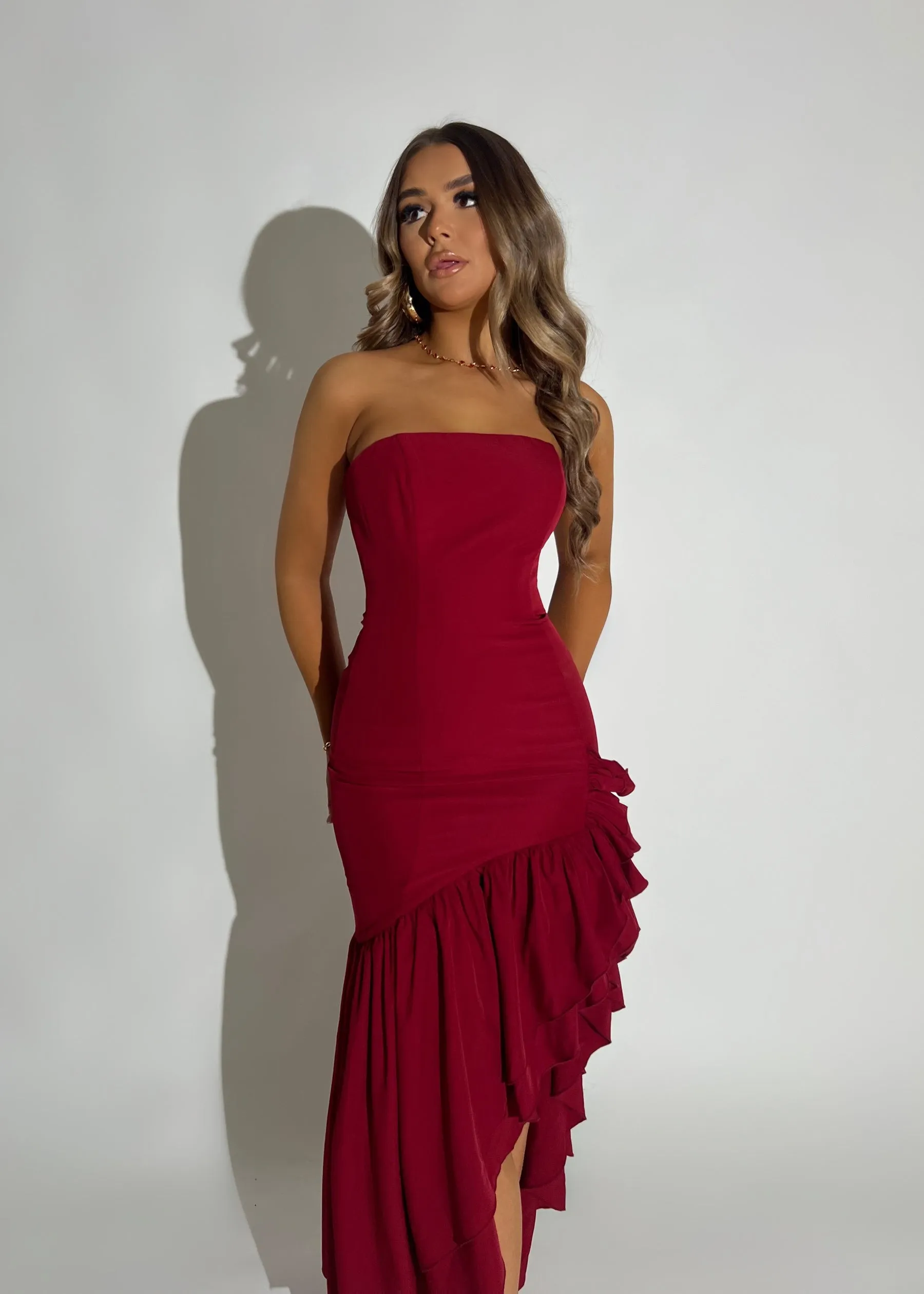 To Adore Ruffle Hem Maxi Dress - Wine