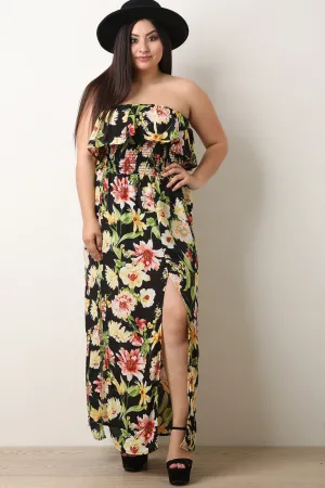 Tropical Off-The-Shoulder Ruffled Slit Maxi Dress