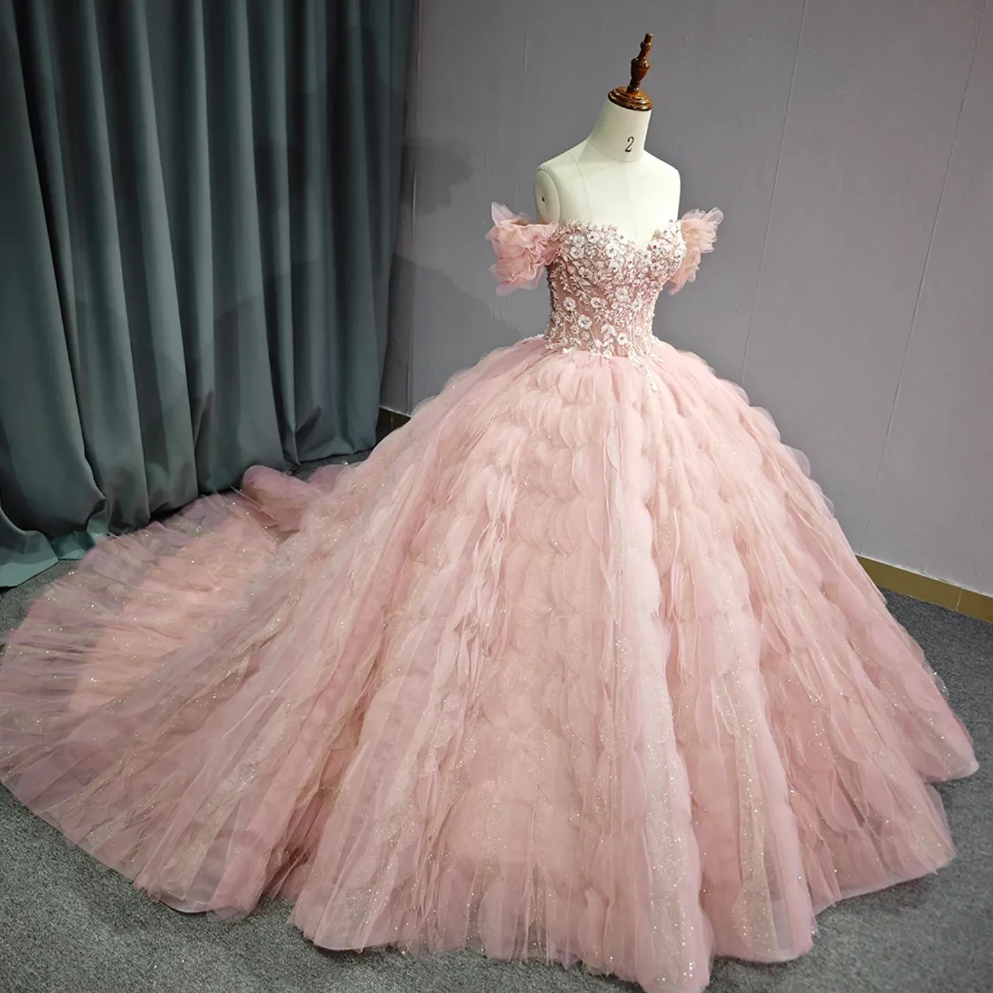 Tulle Tufted Pink Floral Quinceañera Ball Gown Dress