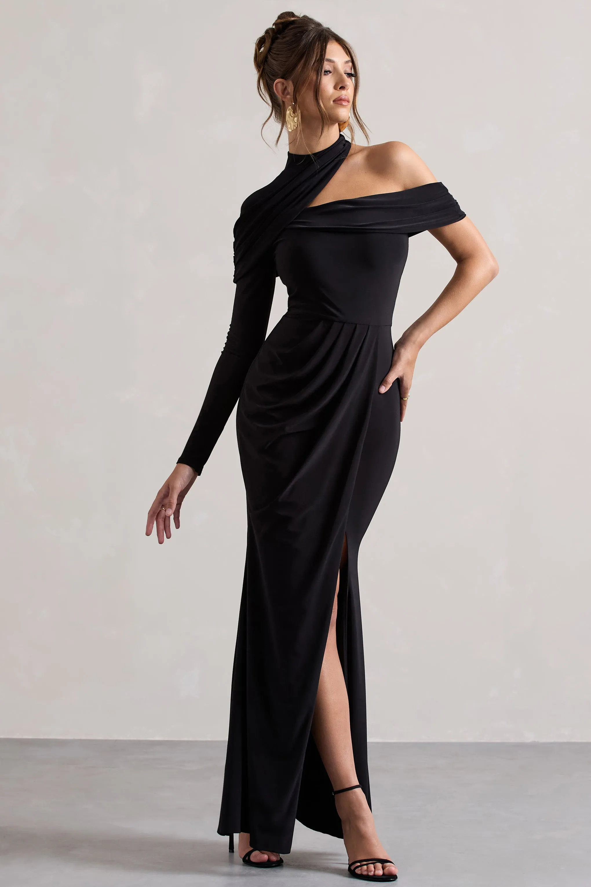 Tyla | Black Asymmetric High-Neck Split Maxi Dress