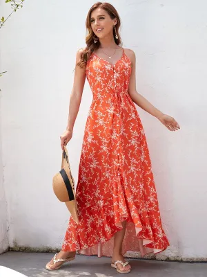 V Neck Spaghetti Strap Button Down Asymmetric Maxi Summer Dress