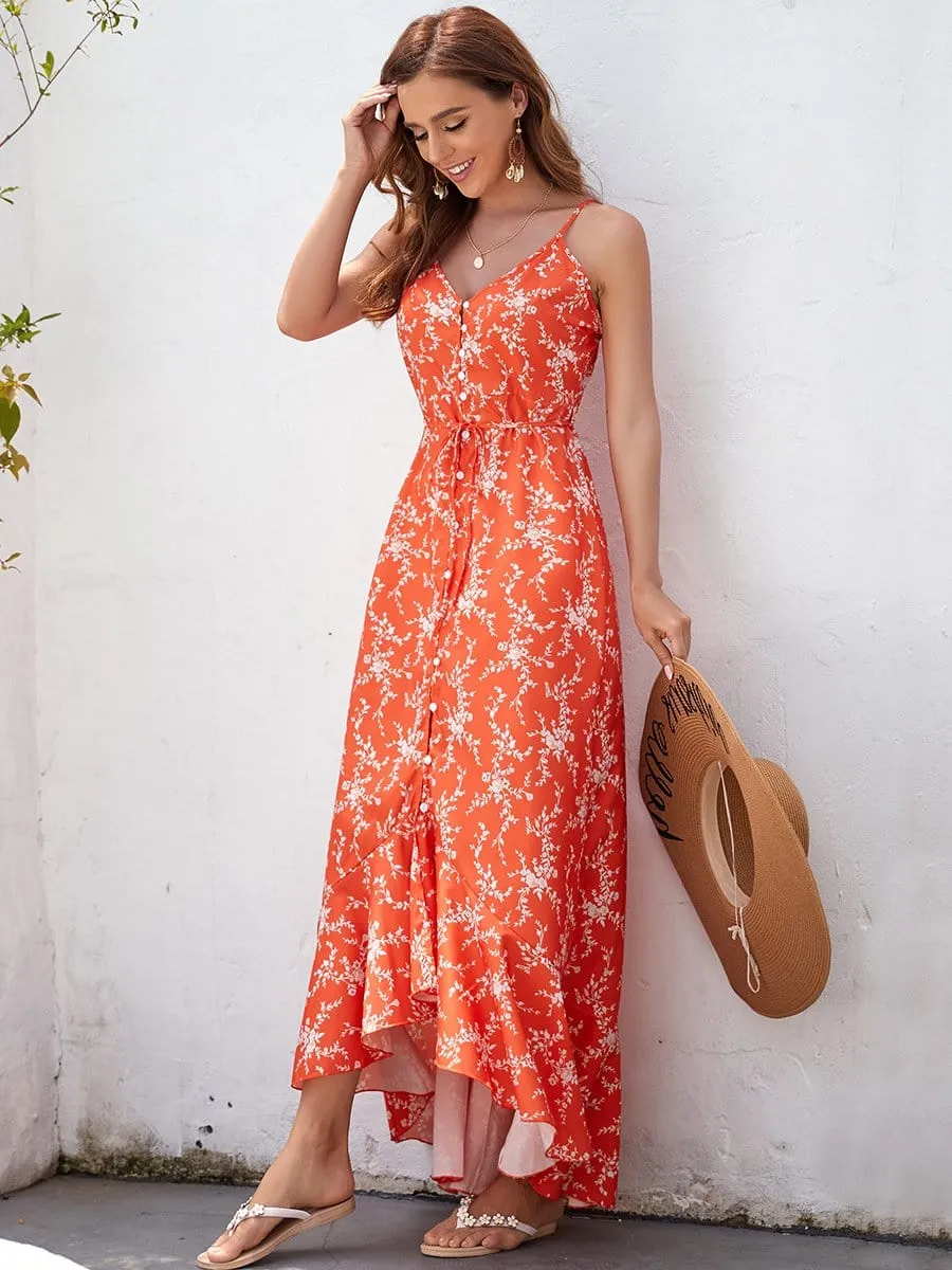 V Neck Spaghetti Strap Button Down Asymmetric Maxi Summer Dress