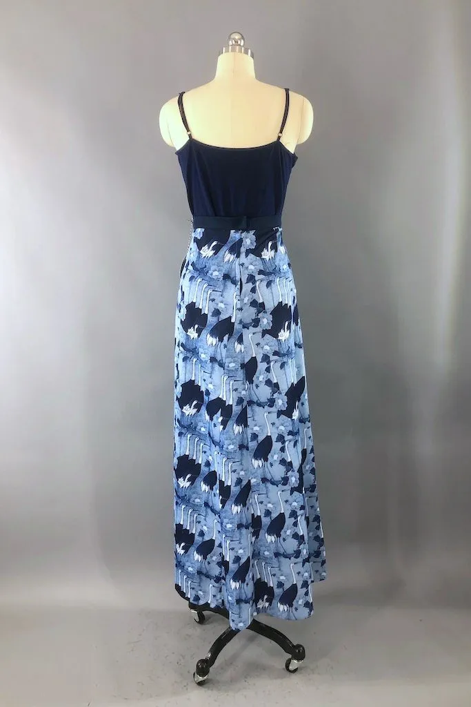 Vintage Blue Sandhill Cranes Maxi Skirt